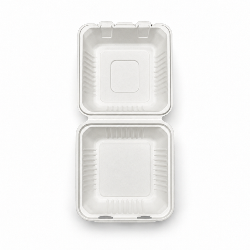 [Abide Hawaii] 9 × 9 in Fiber Clamshell Containers, 1-Compartment, White, 50 Count