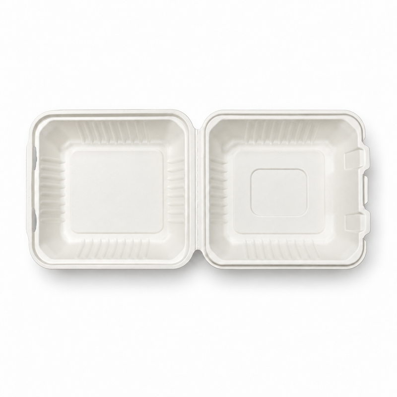 [Abide Hawaii] 9 × 9 in Fiber Clamshell Containers, 1-Compartment, White, 50 Count