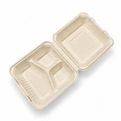 [Abide Hawaii] 9 × 9 in 3 Compartment Fiber Clamshell Containers (Natural Color), PLA-Lined Base, 50 Count