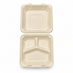 [Abide Hawaii] 9 × 9 in 3 Compartment Fiber Clamshell Containers (Natural Color), PLA-Lined Base, 50 Count
