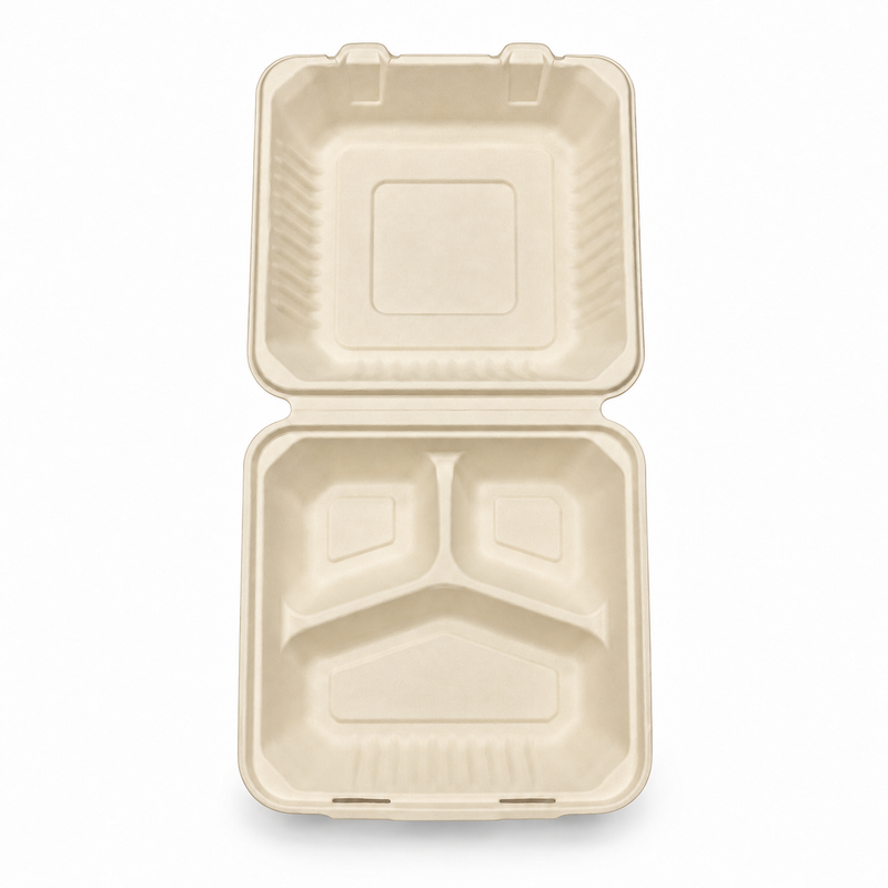 [Abide Hawaii] 9 × 9 in 3 Compartment Fiber Clamshell Containers (Natural Color), PLA-Lined Base, 50 Count