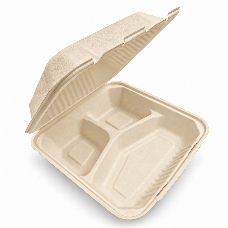 [Abide Hawaii] 9 × 9 in 3 Compartment Fiber Clamshell Containers (Natural Color), PLA-Lined Base, 50 Count