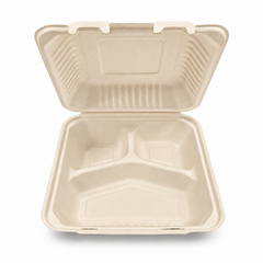 [Abide Hawaii] 9 × 9 in 3 Compartment Fiber Clamshell Containers (Natural Color), PLA-Lined Base, 50 Count