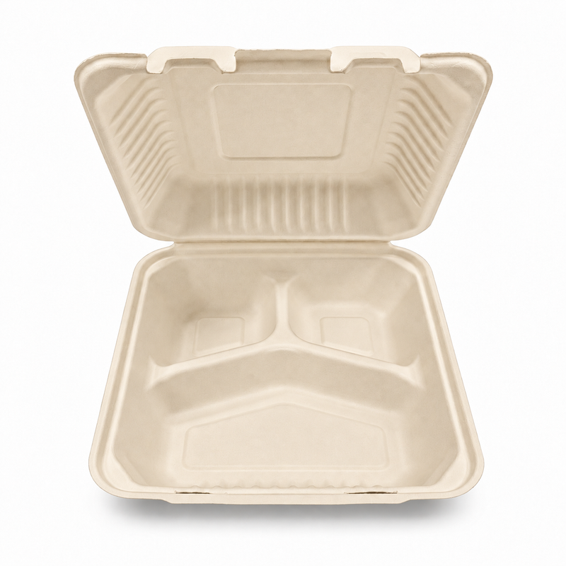 [Abide Hawaii] 9 × 9 in 3 Compartment Fiber Clamshell Containers (Natural Color), PLA-Lined Base, 50 Count