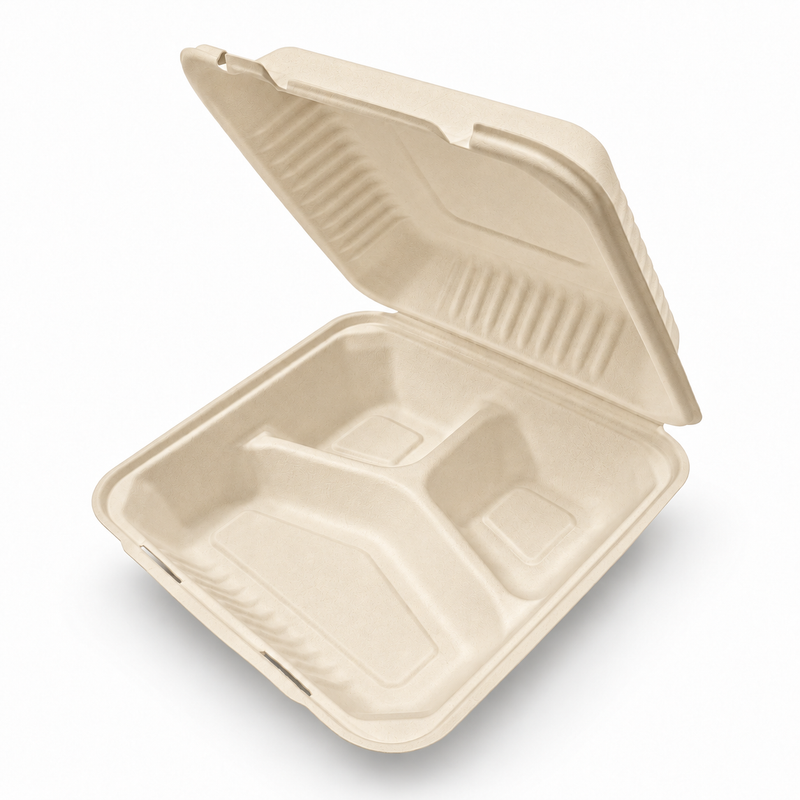 [Abide Hawaii] 9 × 9 in 3 Compartment Fiber Clamshell Containers (Natural Color), PLA-Lined Base, 50 Count