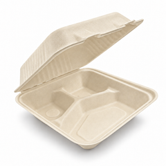 [Abide Hawaii] 9 × 9 in 3 Compartment Fiber Clamshell Containers (Natural Color), PLA-Lined Base, 50 Count