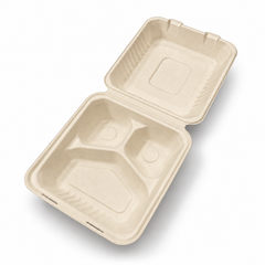 [Abide Hawaii] 9 × 9 in 3 Compartment Fiber Clamshell Containers (Natural Color), PLA-Lined Base, 50 Count