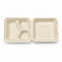 [Abide Hawaii] 9 × 9 in 3 Compartment Fiber Clamshell Containers (Natural Color), PLA-Lined Base, 50 Count