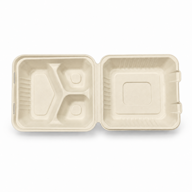 [Abide Hawaii] 9 × 9 in 3 Compartment Fiber Clamshell Containers (Natural Color), PLA-Lined Base, 50 Count