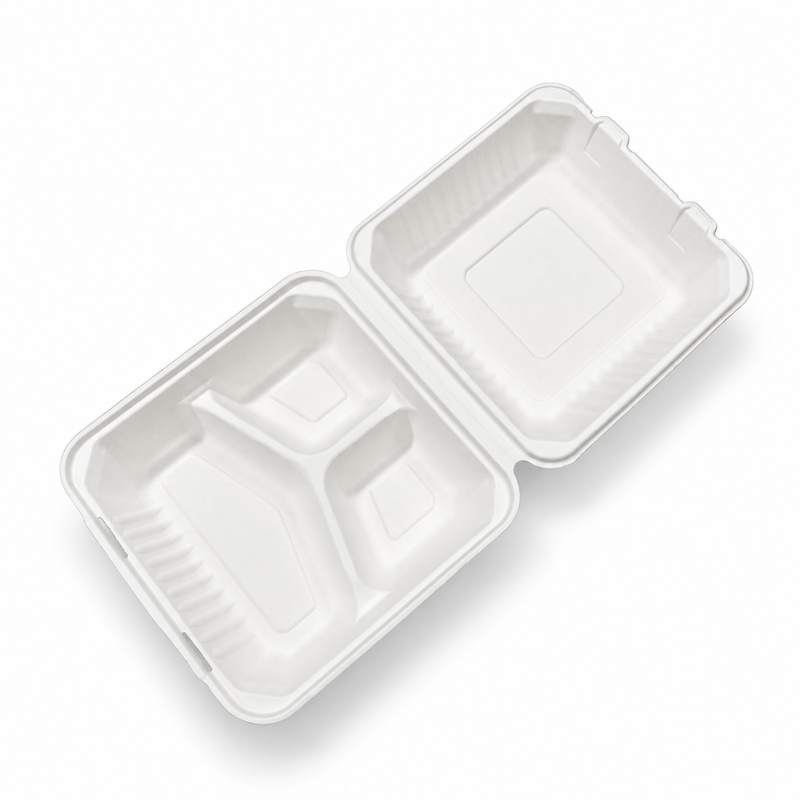 [Abide Hawaii] 9 × 9 in Fiber Clamshell Containers, 3-Compartment, White, 50 Count