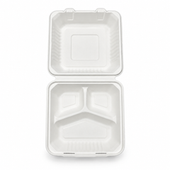 [Abide Hawaii] 9 × 9 in Fiber Clamshell Containers, 3-Compartment, White, 50 Count