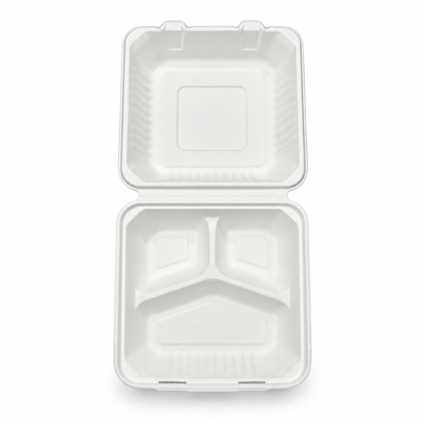 [Abide Hawaii] 9 × 9 in Fiber Clamshell Containers, 3-Compartment, White, 50 Count