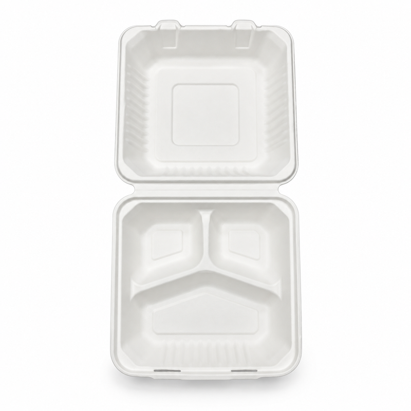 [Abide Hawaii] 9 × 9 in Fiber Clamshell Containers, 3-Compartment, White, 50 Count
