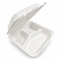 [Abide Hawaii] 9 × 9 in Fiber Clamshell Containers, 3-Compartment, White, 50 Count