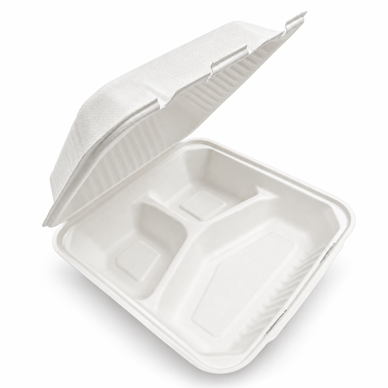 [Abide Hawaii] 9 × 9 in Fiber Clamshell Containers, 3-Compartment, White, 50 Count
