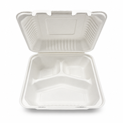 [Abide Hawaii] 9 × 9 in Fiber Clamshell Containers, 3-Compartment, White, 50 Count