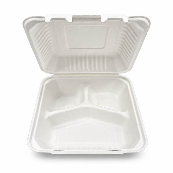 [Abide Hawaii] 9 × 9 in Fiber Clamshell Containers, 3-Compartment, White, 50 Count