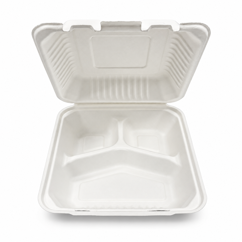[Abide Hawaii] 9 × 9 in Fiber Clamshell Containers, 3-Compartment, White, 50 Count