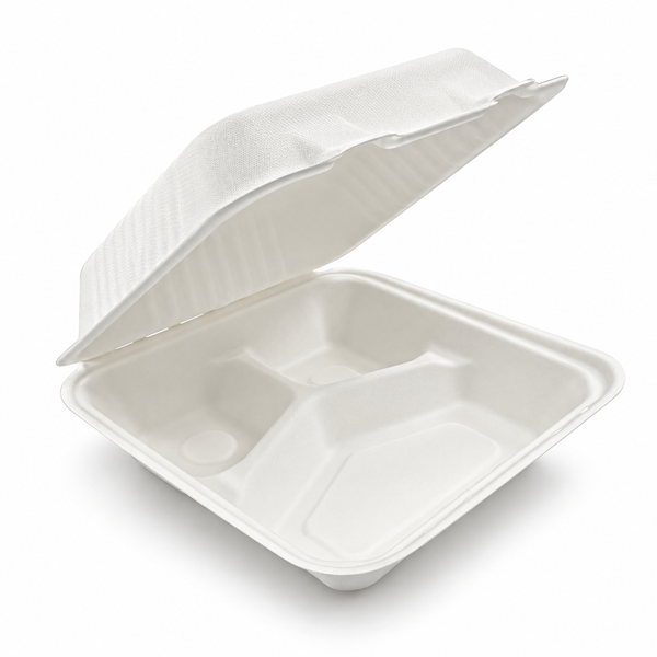 [Abide Hawaii] 9 × 9 in Fiber Clamshell Containers, 3-Compartment, White, 50 Count