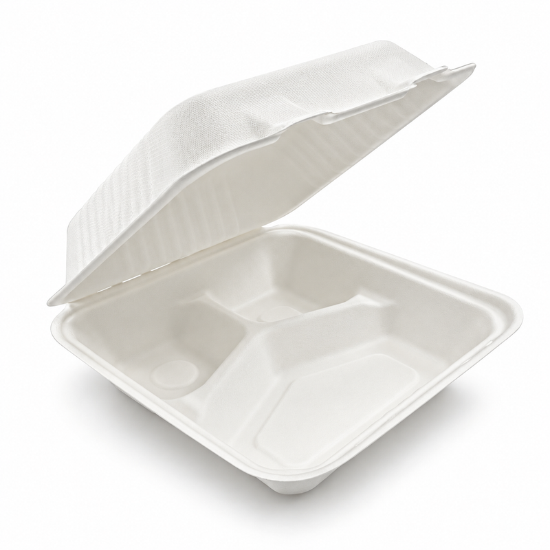 [Abide Hawaii] 9 × 9 in Fiber Clamshell Containers, 3-Compartment, White, 50 Count