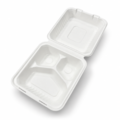[Abide Hawaii] 9 × 9 in Fiber Clamshell Containers, 3-Compartment, White, 50 Count