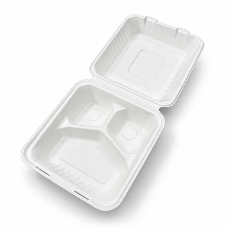 [Abide Hawaii] 9 × 9 in Fiber Clamshell Containers, 3-Compartment, White, 50 Count