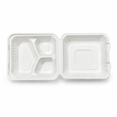 [Abide Hawaii] 9 × 9 in Fiber Clamshell Containers, 3-Compartment, White, 50 Count