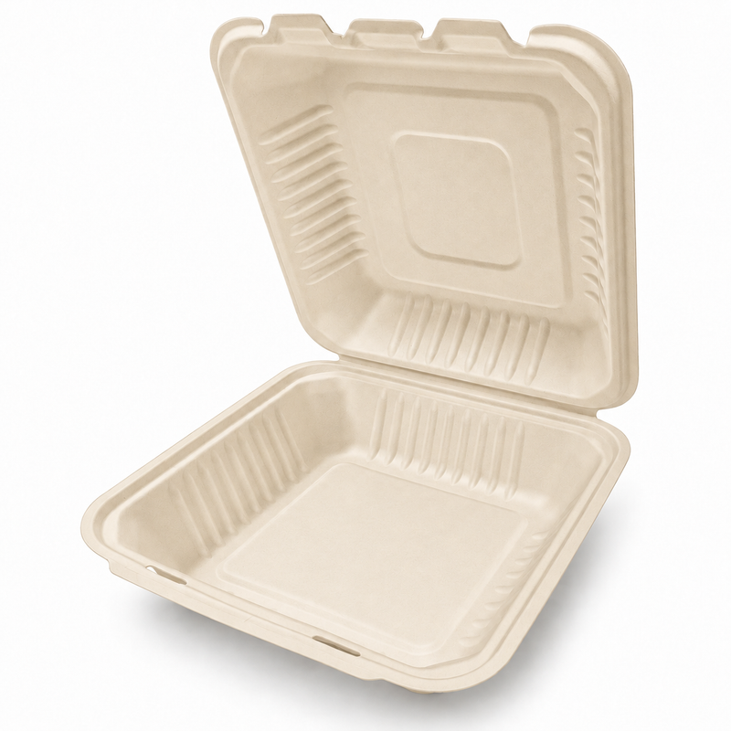 [Abide Hawaii] 9 × 9 in 1 Compartment Fiber Clamshell Containers (Natural Color), PLA-Lined Base, 50 Count