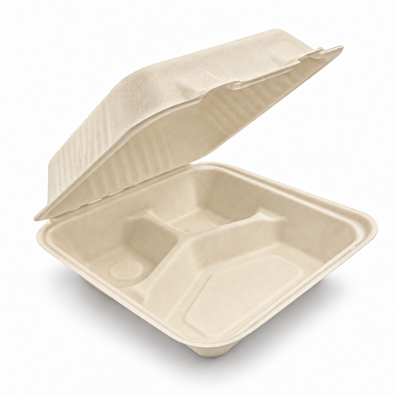 [Abide Hawaii] 8 × 8 in 1 Compartment Fiber Clamshell Containers (Natural Color), PLA-Lined Base, 50 Count