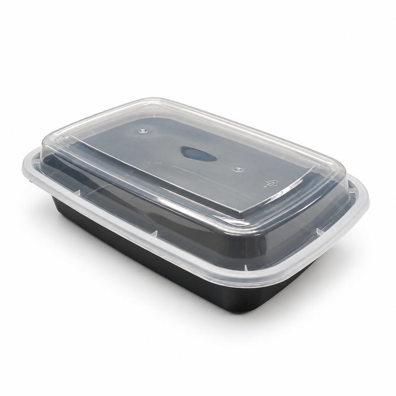 [Hawaii Foodware] 24 oz Microwavable Rectangular Food Containers with Lids, Black,  50 Sets