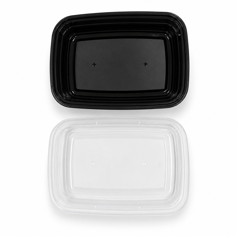 [Hawaii Foodware] 24 oz Microwavable Rectangular Food Containers with Lids, Black,  50 Sets