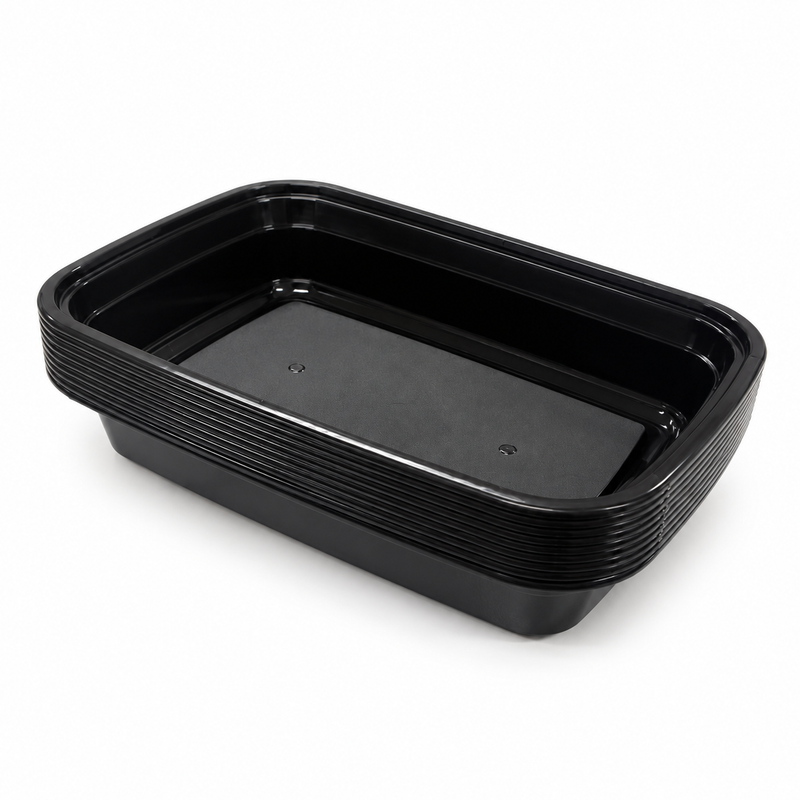 [Hawaii Foodware] 24 oz Microwavable Rectangular Food Containers with Lids, Black,  50 Sets