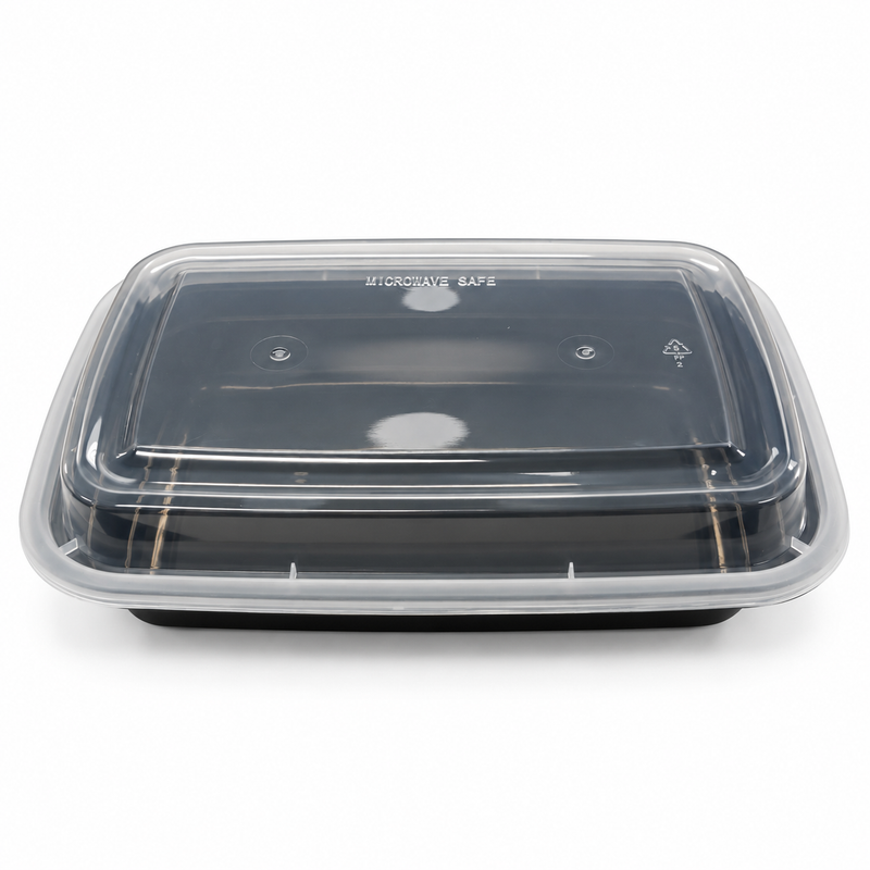 [Hawaii Foodware] 24 oz Microwavable Rectangular Food Containers with Lids, Black,  50 Sets