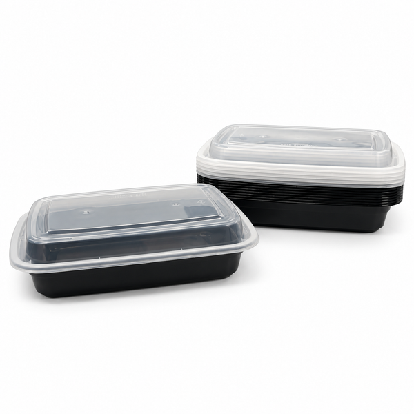 [Hawaii Foodware] 24 oz Microwavable Rectangular Food Containers with Lids, Black,  50 Sets