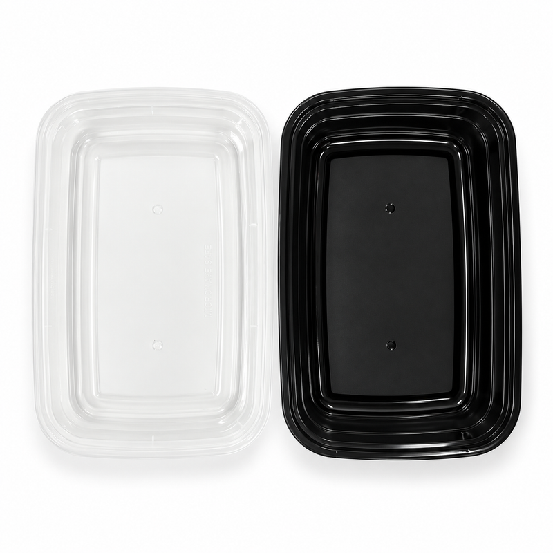 [Hawaii Foodware] 24 oz Microwavable Rectangular Food Containers with Lids, Black,  50 Sets