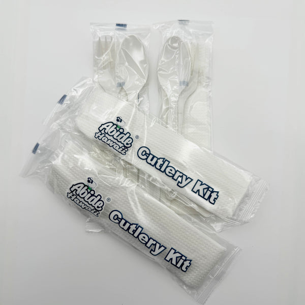 Bioplastic Cuterly Kit, CPLA, 1 Fork + 1 Spoon + 1 Napkin per Pack, Compostable