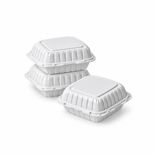[Hawaii Foodware] MFPP Hinged Takeout 8 x 8 in Container, White, 1 Compartment, 50CT