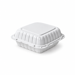 [Hawaii Foodware] MFPP Hinged Takeout 8 x 8 in Container, White, 1 Compartment, 50CT