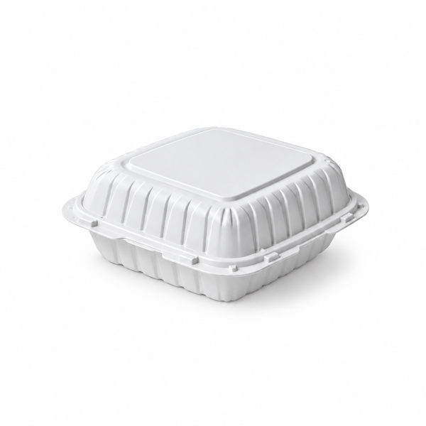 [Hawaii Foodware] MFPP Hinged Takeout 8 x 8 in Container, White, 1 Compartment, 50CT