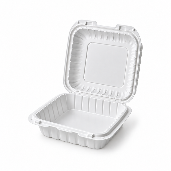 [Hawaii Foodware] MFPP Hinged Takeout 8 x 8 in Container, White, 1 Compartment, 50CT