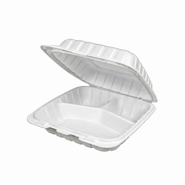 [Hawaii Foodware] MFPP Hinged Takeout 8 x 8 in Container, White, 3 Compartment, 50CT