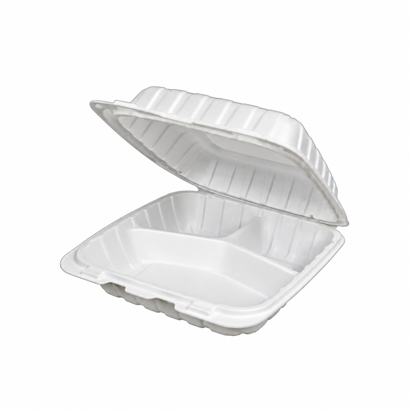 [Hawaii Foodware] MFPP Hinged Takeout 8 x 8 in Container, White, 3 Compartment, 50CT