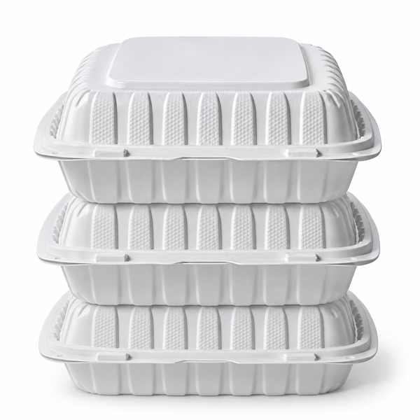 [Hawaii Foodware] MFPP Hinged Takeout 9 x 9 in Container, White, 1 Compartment, 50CT (Copy)