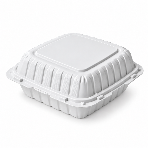 [Hawaii Foodware] MFPP Hinged Takeout 9 x 9 in Container, White, 1 Compartment, 50CT (Copy)