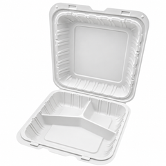 [Hawaii Foodware] MFPP Hinged Takeout 9 x 9 in Container, White, 3 Compartment, 50CT