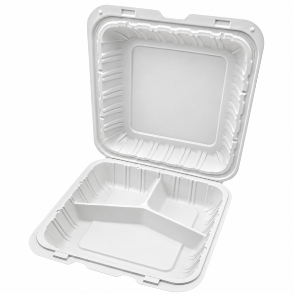 [Hawaii Foodware] MFPP Hinged Takeout 9 x 9 in Container, White, 3 Compartment, 50CT