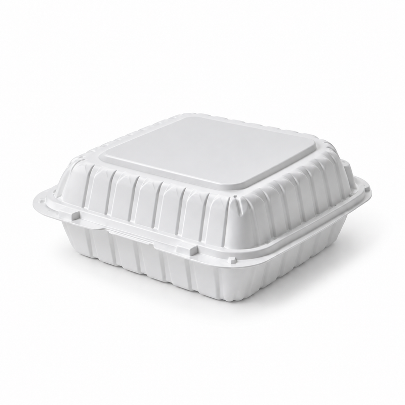 [Hawaii Foodware] MFPP Hinged Takeout 9 x 9 in Container, White, 3 Compartment, 50CT