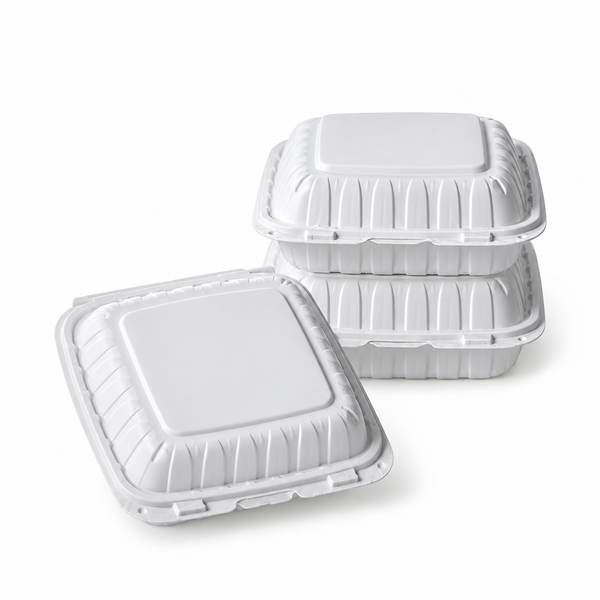 [Hawaii Foodware] MFPP Hinged Takeout 8 x 8 in Container, White, 3 Compartment, 50CT