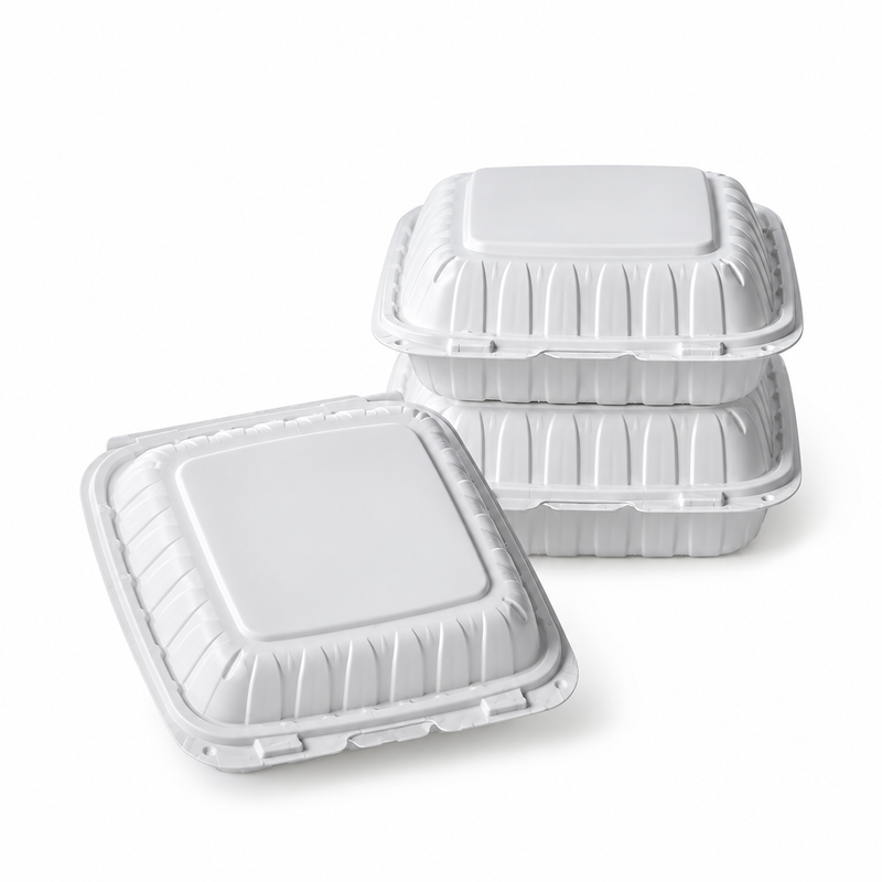 [Hawaii Foodware] MFPP Hinged Takeout 9 x 9 in Container, White, 3 Compartment, 50CT
