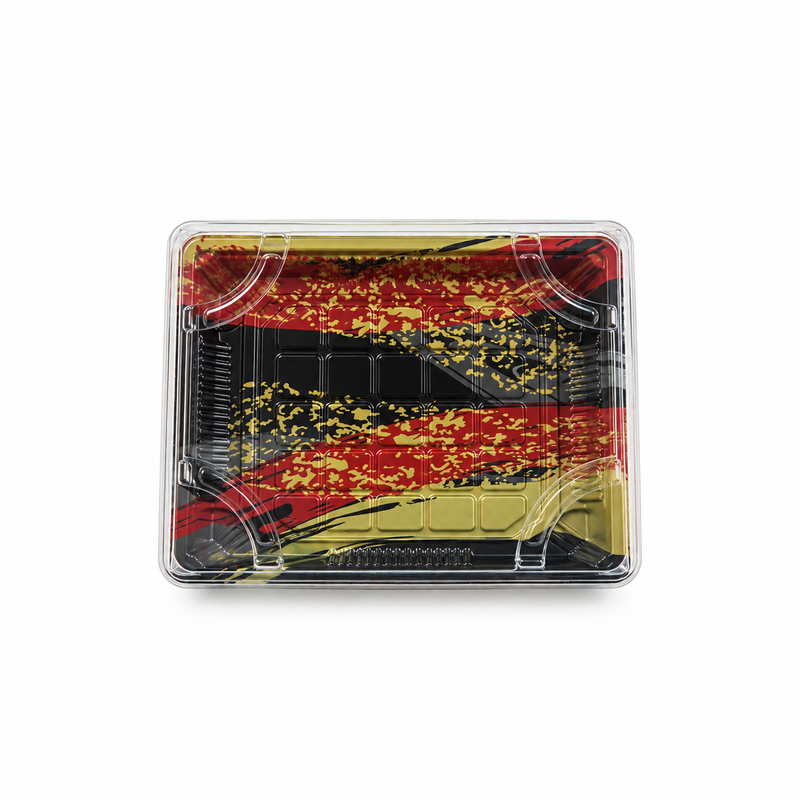 [Hawaii Foodware] PET 6.5 x 4.5 in, Display Trays with Clear Lids, Red/Gold, 50 Sets
